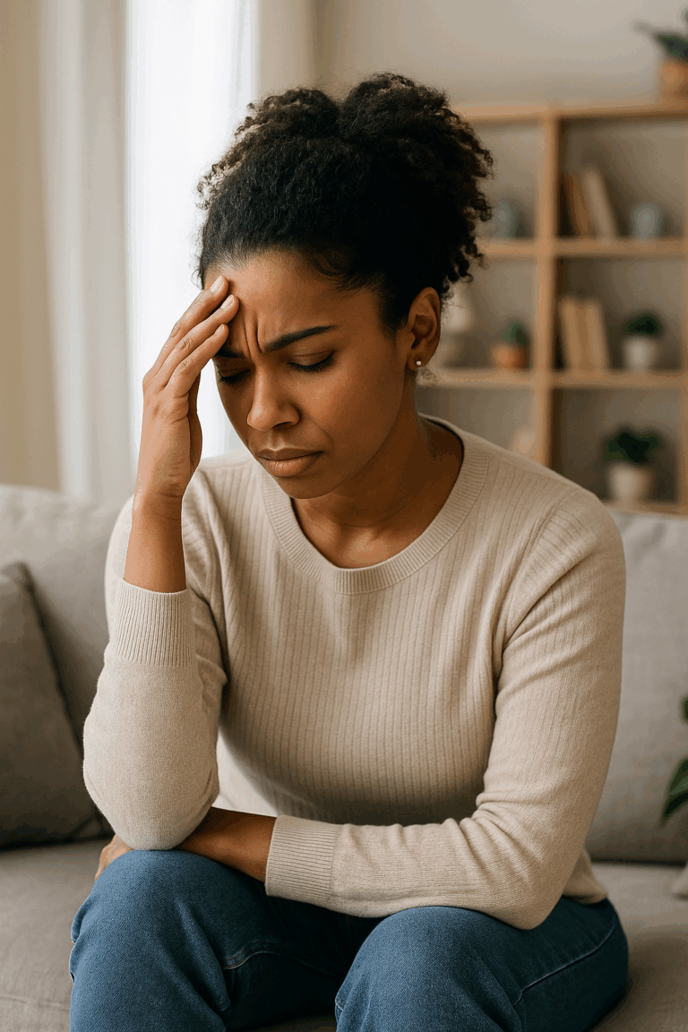 Why Do I Feel Low Even When Nothing’s ‘Wrong? Woman looking emotionally drained, sitting on a sofa with her hand on her forehead — counselling for low mood and emotional fatigue in Buckhurst Hill